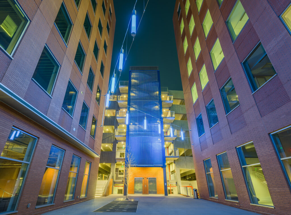 Twilight Exterior of Building and Parking Lot