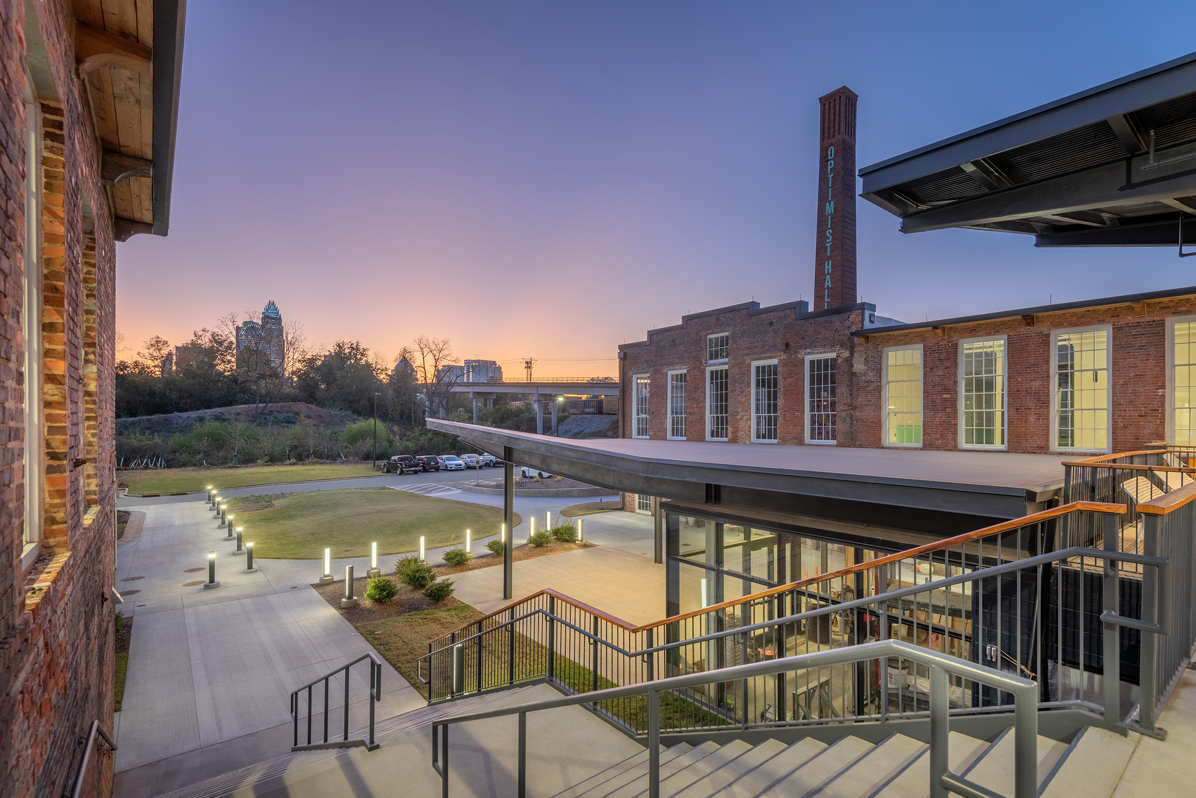 Optimist Hall Duke Energy Charlotte NC Exterior Stair Twilight
