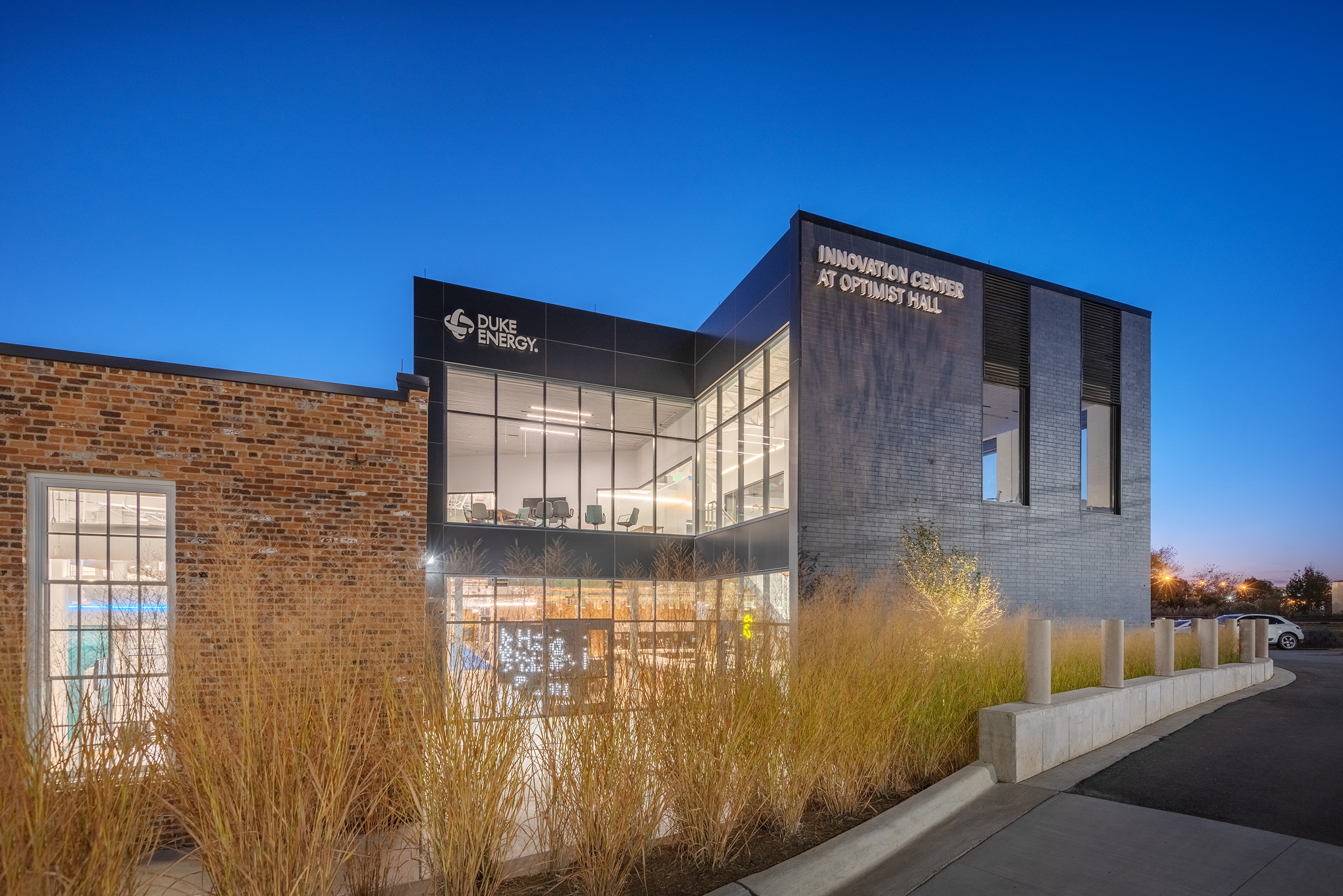 Optimist Hall Duke Energy Charlotte NC Exterior Twilight
