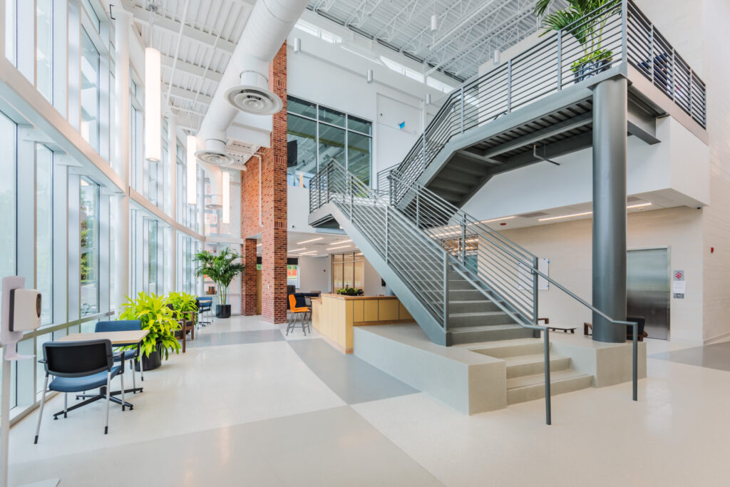 Apex Senior Center Two-Story Lobby and Floating Staircase