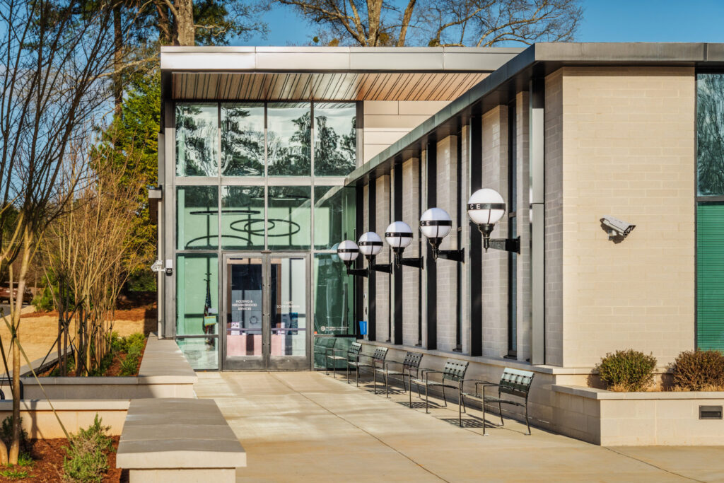 Entrance with Benches and Police Globe Lights