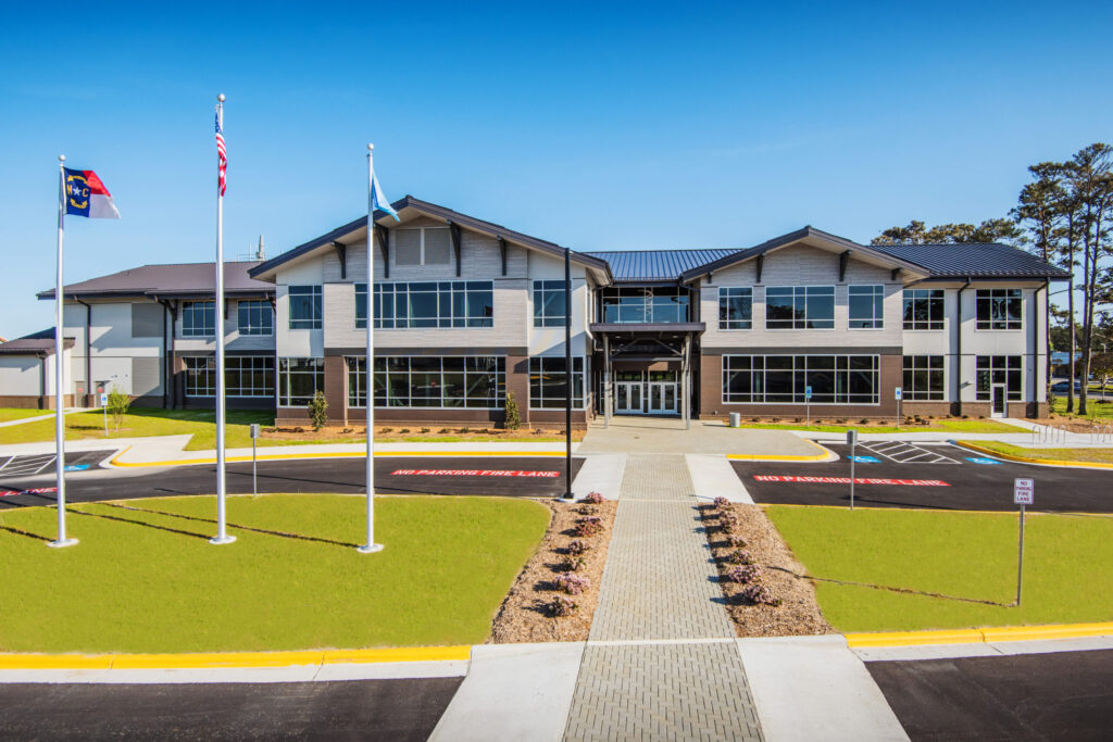 College of the Albemarle Dare County Campus Front Lawn with Long Entrance Sidewalk and Flagpoles