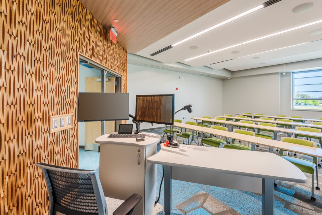 College of the Albemarle Dare County Campus Classroom with Accent Wall, Tables and Chairs, and Computer Equipment