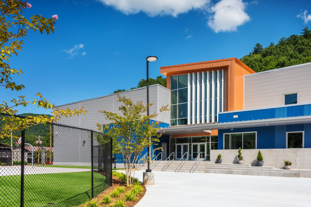 Blue and Wood Panels on Building Exterior