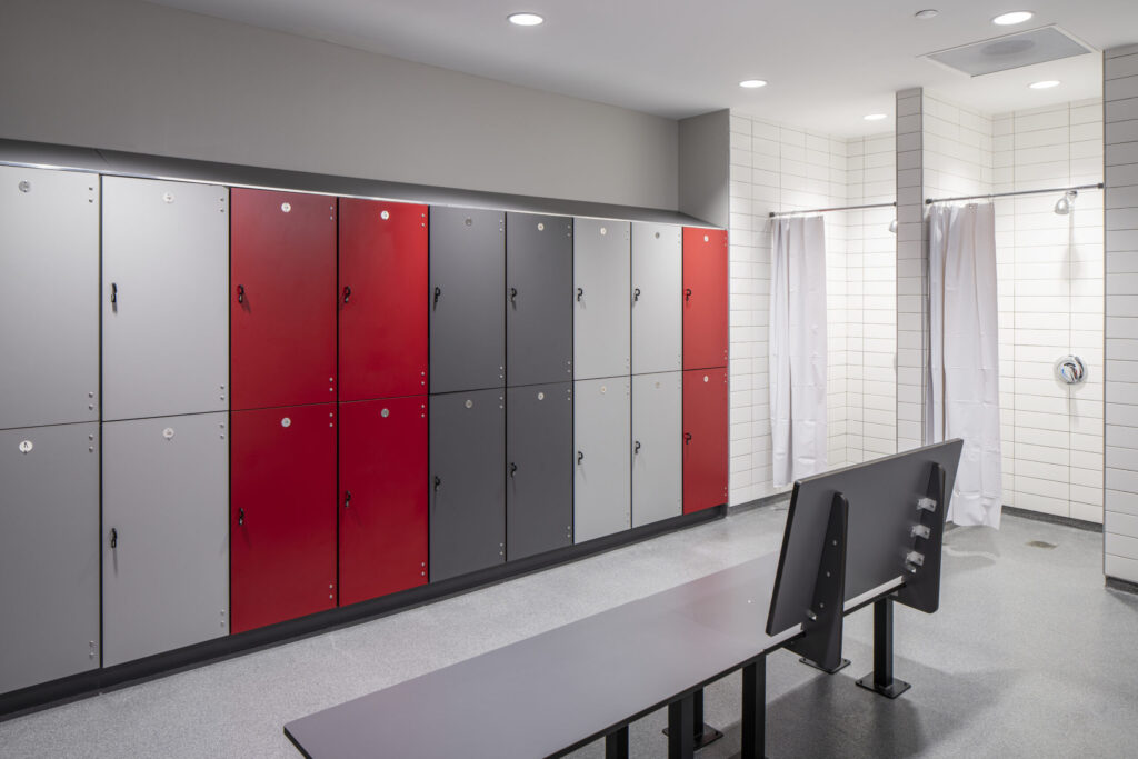 Red, Gray, and White Lockers