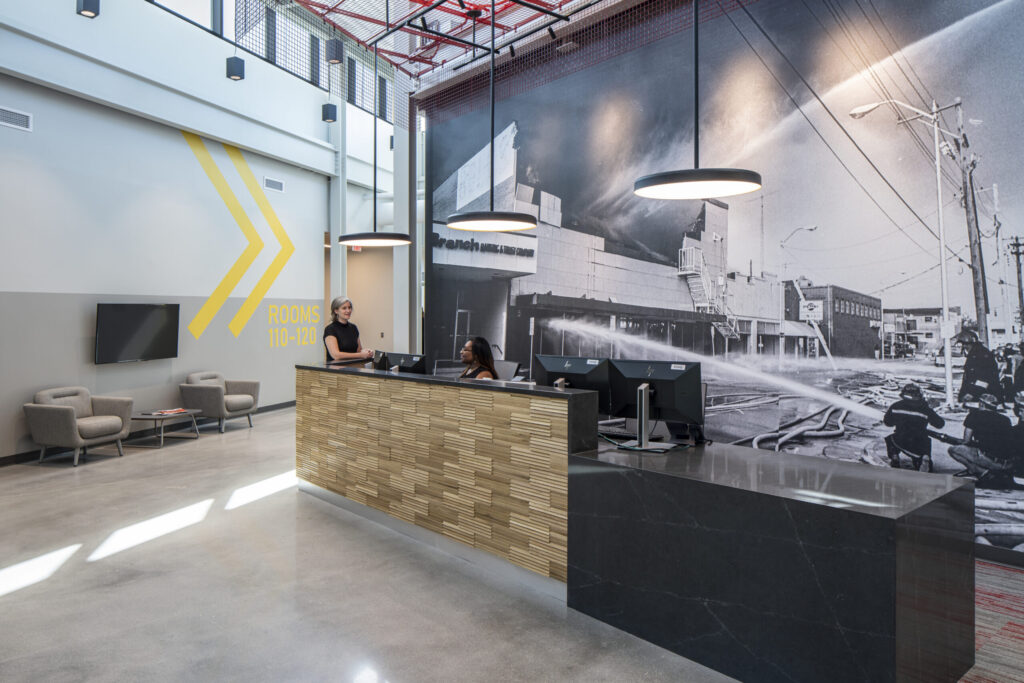 Front View of the Front Desk in Two-Story Lobby