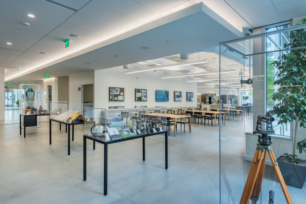 Glenlake Seven Martin Marietta Headquarters Eating Area with Historic Martin Marietta Items in Large Display Cases