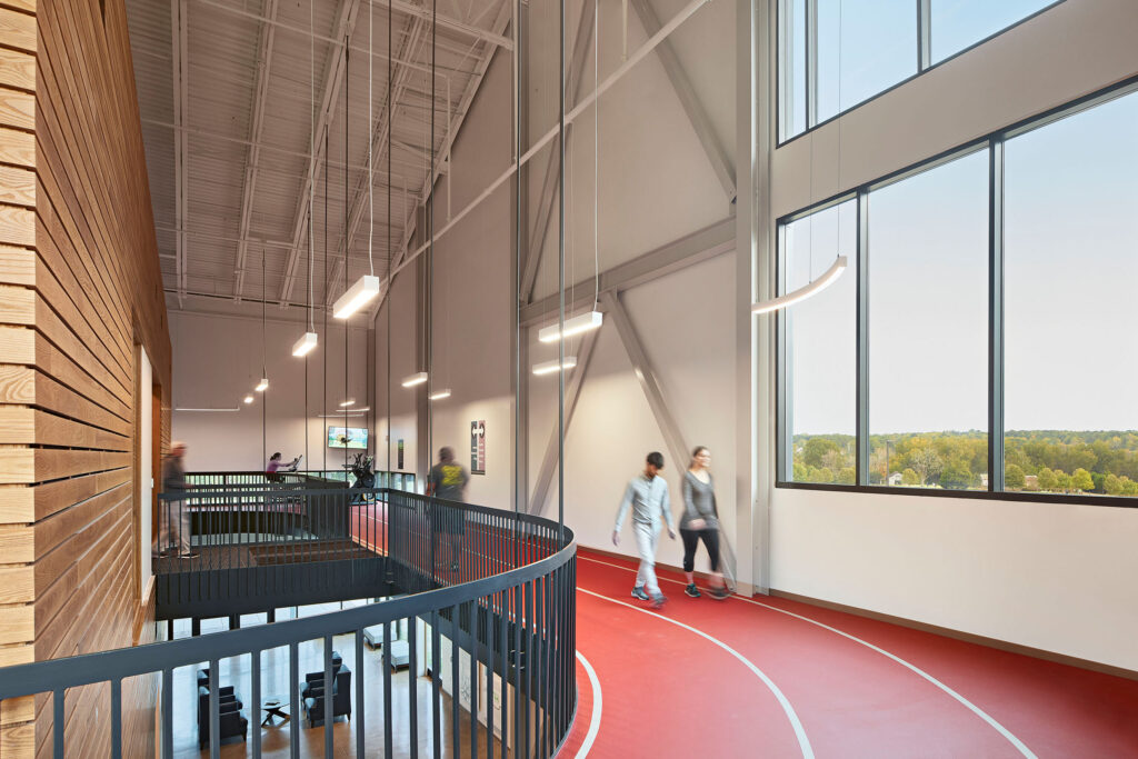 Joyner Park Community Center Indoor Track on Second Floor with Big Windows and Hanging Lights