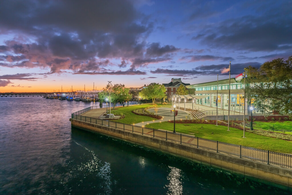 Water view of the New Bern River Front Convention Center in Craven County, NC
