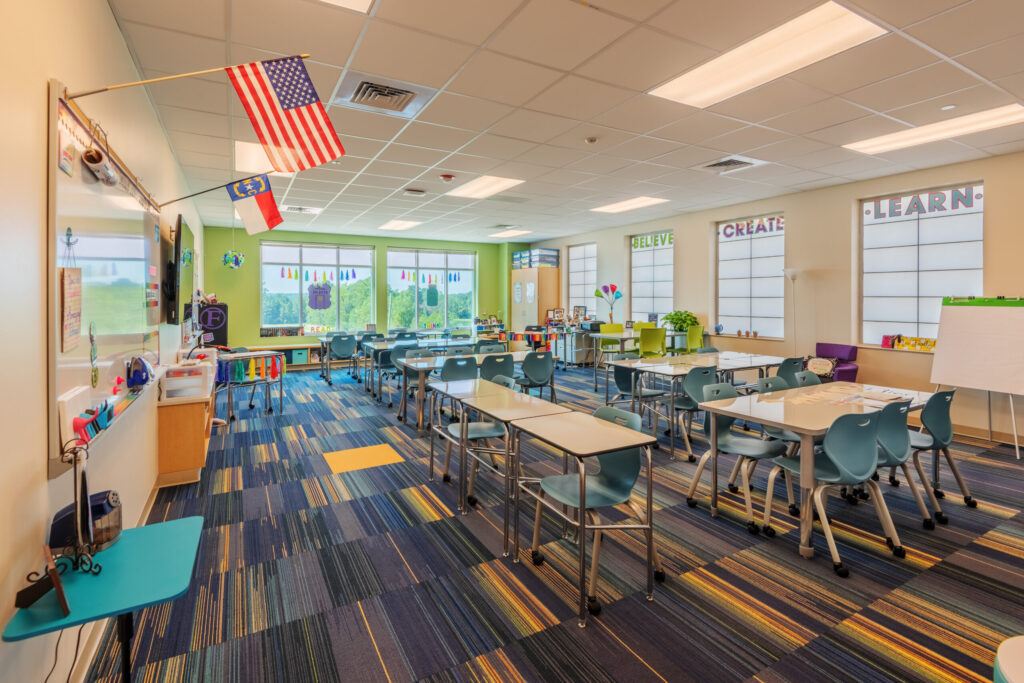 Neuse River Middle School Classroom with Desks and Whiteboard