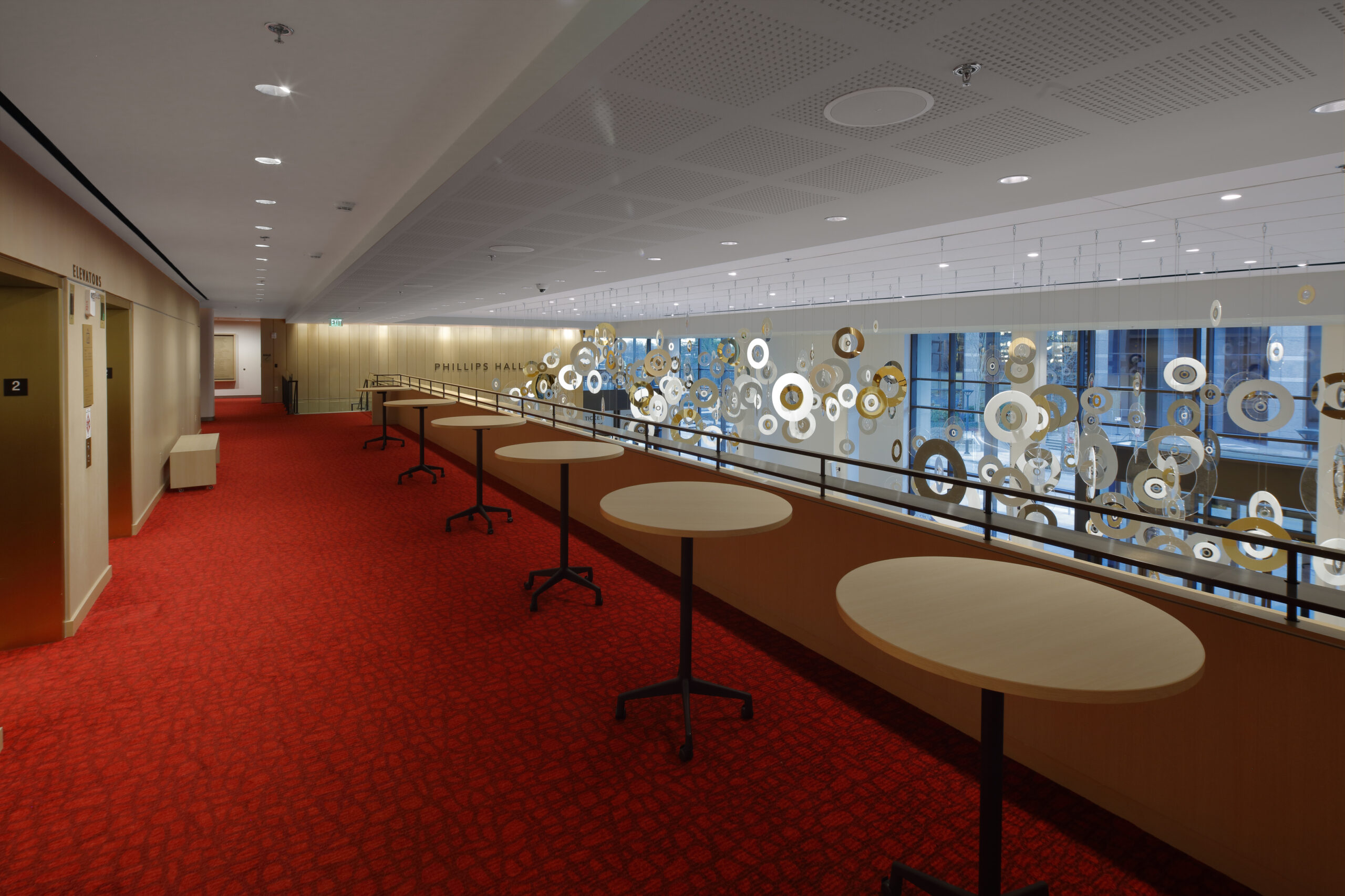 Tanger Center for the Performing Arts Second Floor Lobby with Tables for Patrons Overlooking Main Lobby