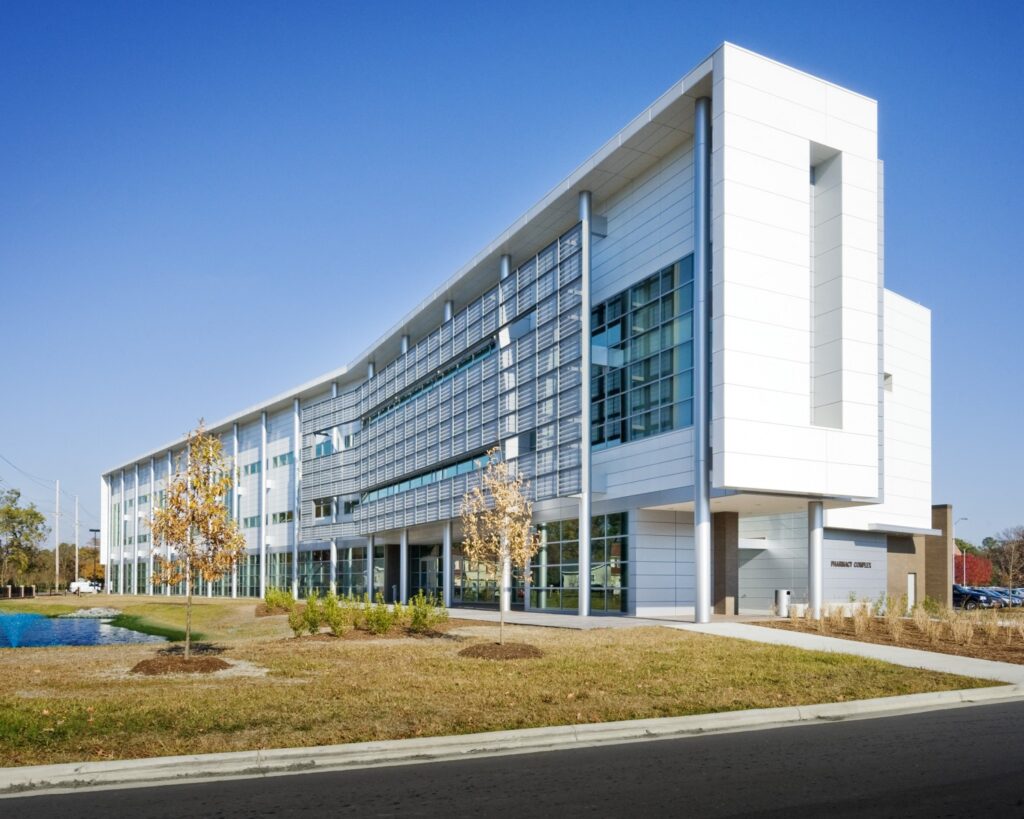 Exterior of White and Glass Building