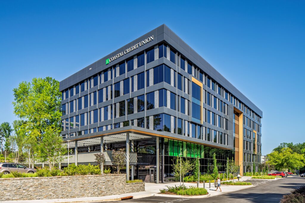 Exterior of Coastal Credit Union's renovated 150,000-SF headquarters in Raleigh, NC.
