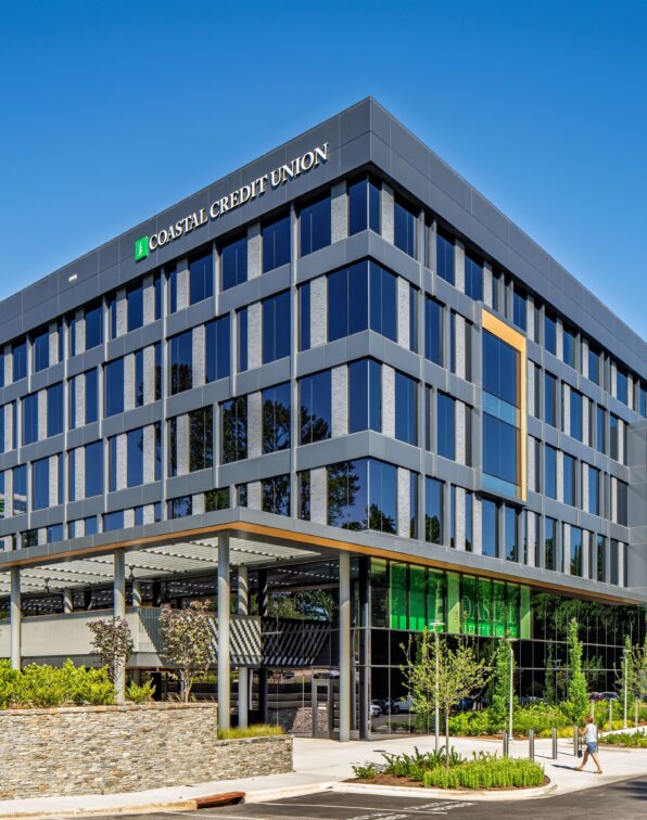 Exterior of Coastal Credit Union's renovated 150,000-SF headquarters in Raleigh, NC.