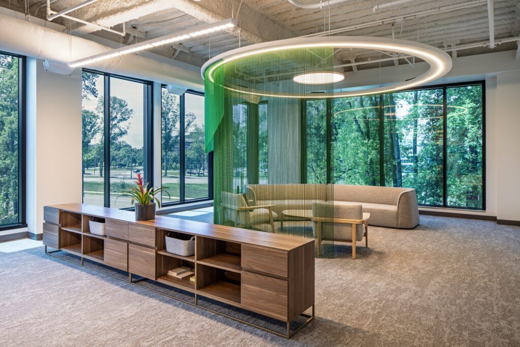 Flexible collaboration space with lounge seating inside Coastal Credit Union headquarters.