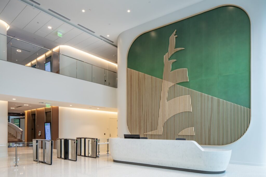 Main lobby at Coastal Credit Union headquarters renovation in Raleigh.