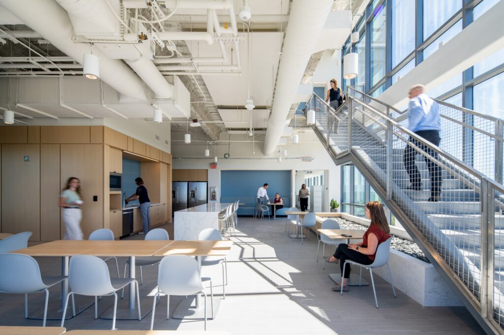 Employee lounge and collaboration space inside the NC DHHS Headquarters.