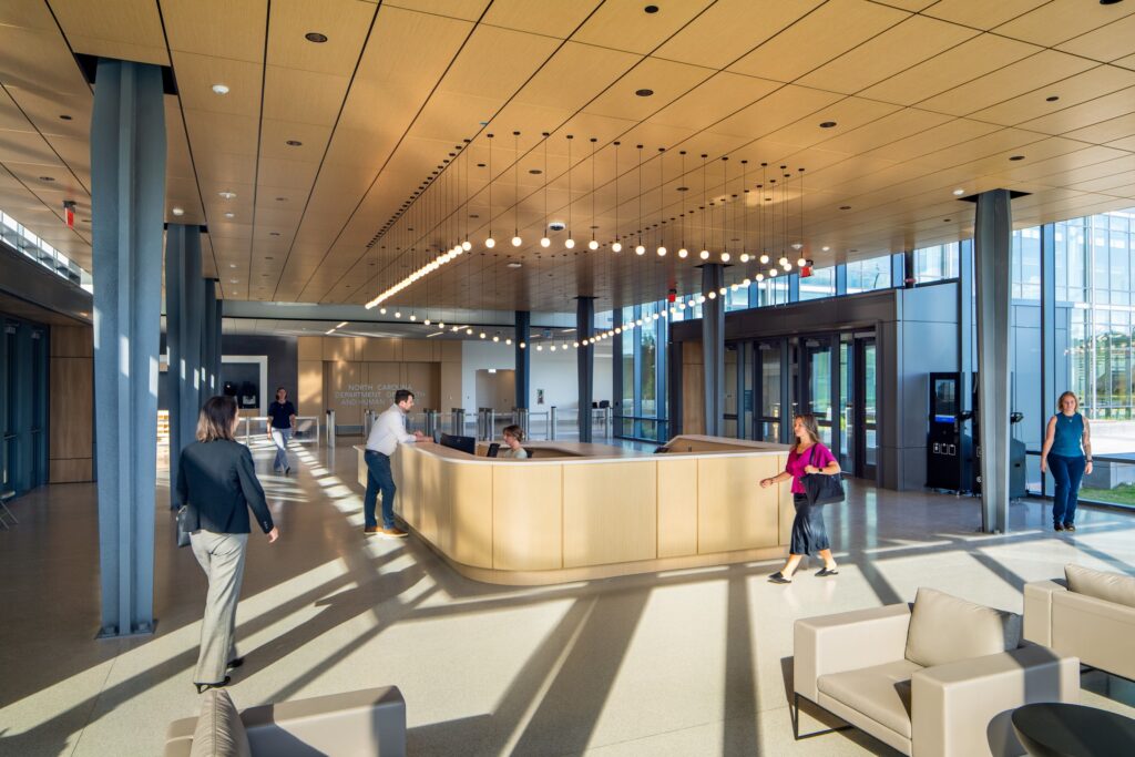Modern lobby inside the NC DHHS Headquarters.