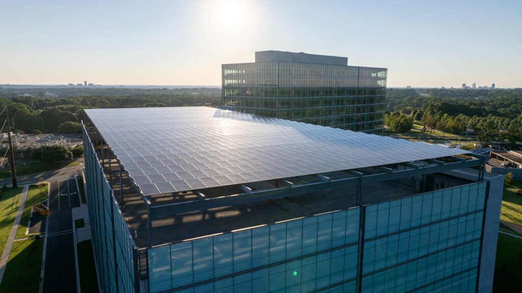 Solar panels installed on the NC DHHS Headquarters rooftop.