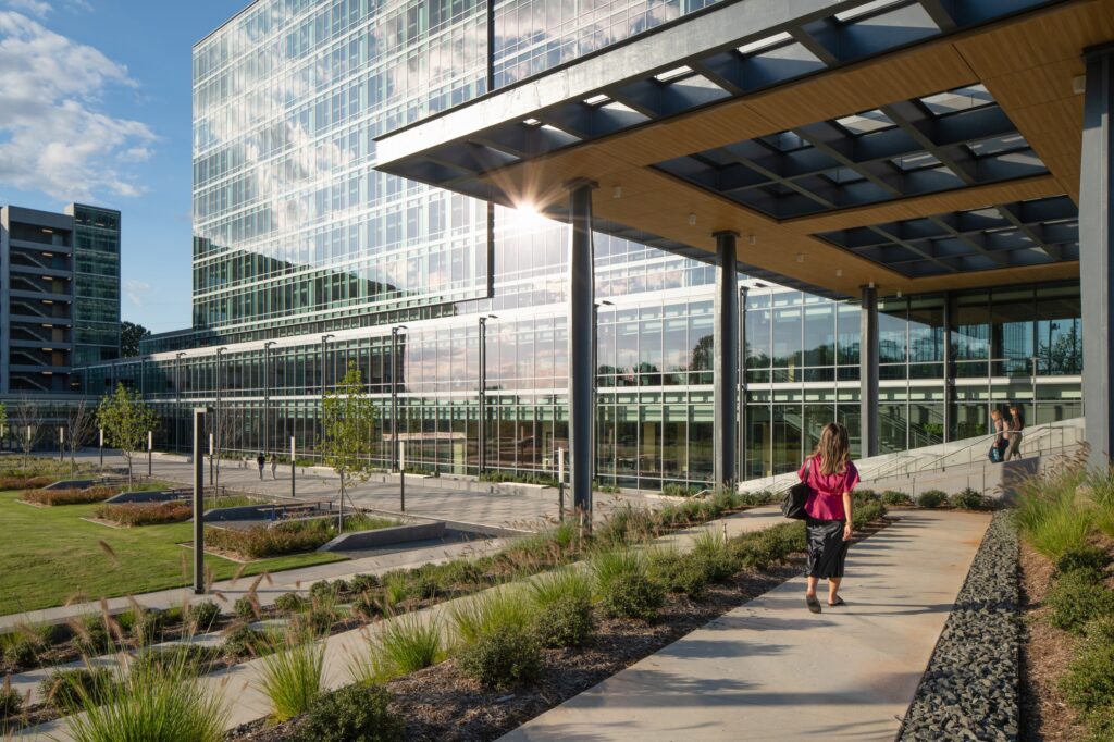 Covered entrance plaza at the NC DHHS Headquarters campus.