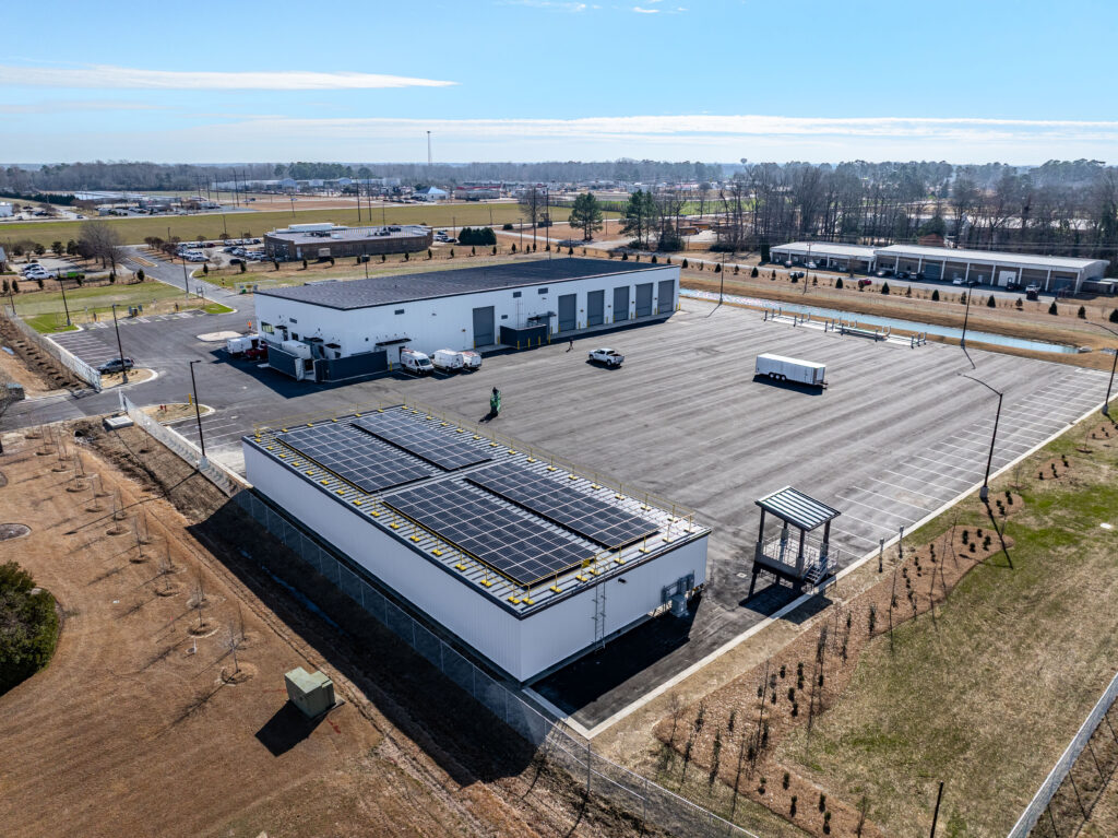 Aerial view of Dominion Energy's Fleet Maintenance Facility in Williamston, North Carolina, completed by Barnhill Building Group.