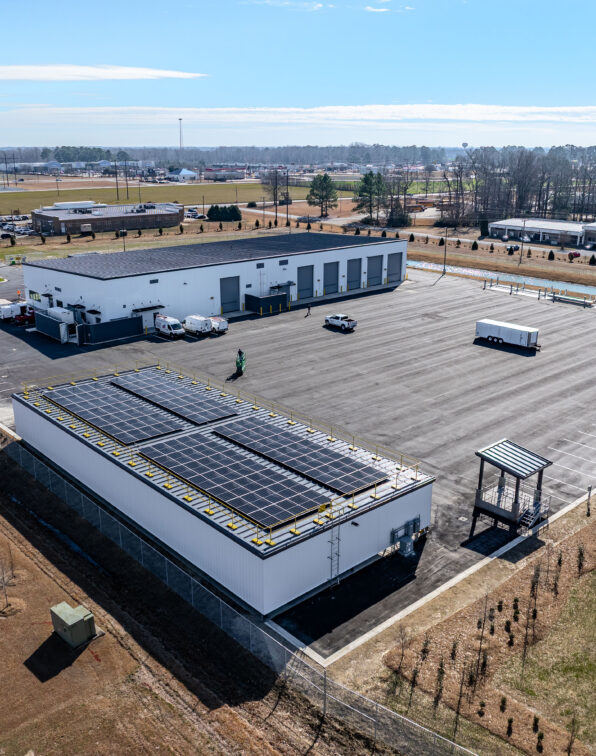 Aerial view of Dominion Energy's Fleet Maintenance Facility in Williamston, North Carolina, completed by Barnhill Building Group.
