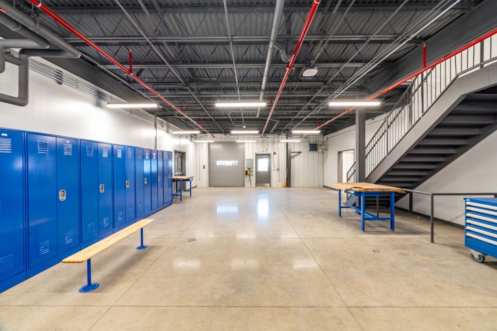 Utility maintenance shop equipped for fleet repair and equipment servicing.