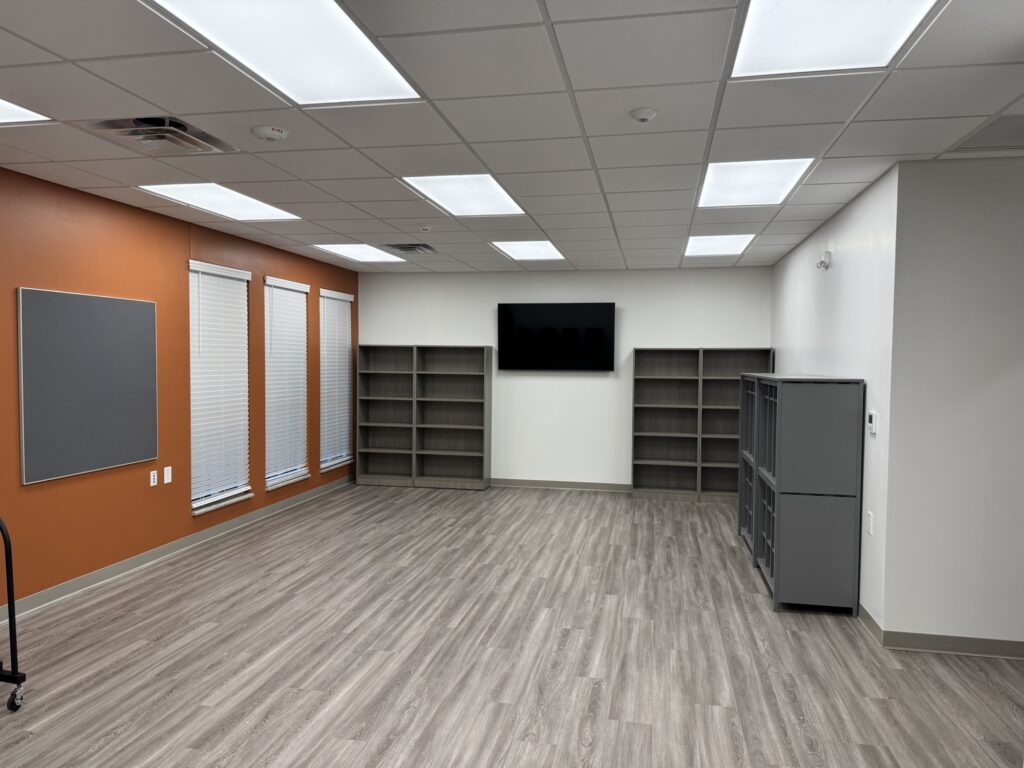 Bookshelves and TV Monitor