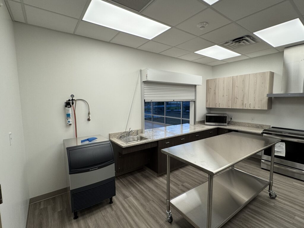 Food preparation area inside the Manteo Youth Center kitchen.