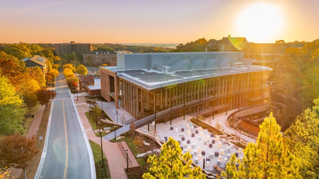 Exterior aerial view of Steven D. Bell Hall at UNC Kenan-Flagler Business School in Chapel Hill, North Carolina.