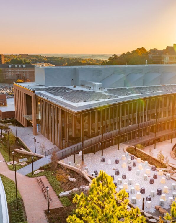Exterior aerial view of Steven D. Bell Hall at UNC Kenan-Flagler Business School in Chapel Hill, North Carolina.