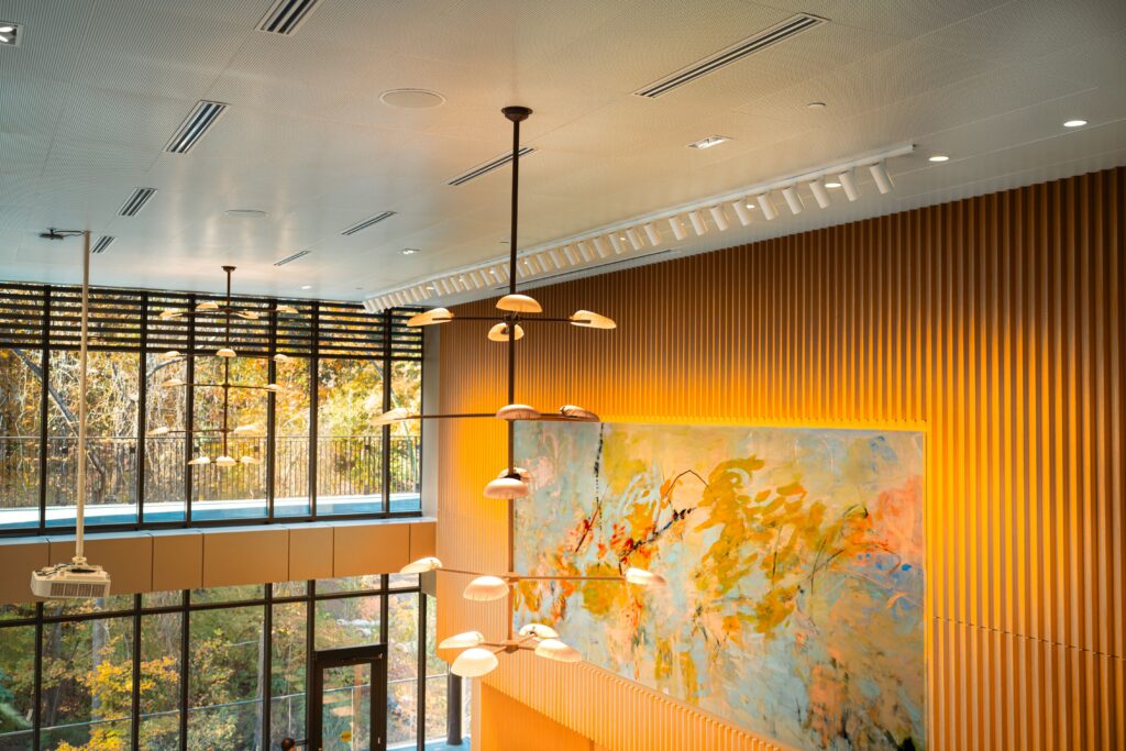 Interior collaboration space and atrium inside Steven D. Bell Hall at UNC Chapel Hill.