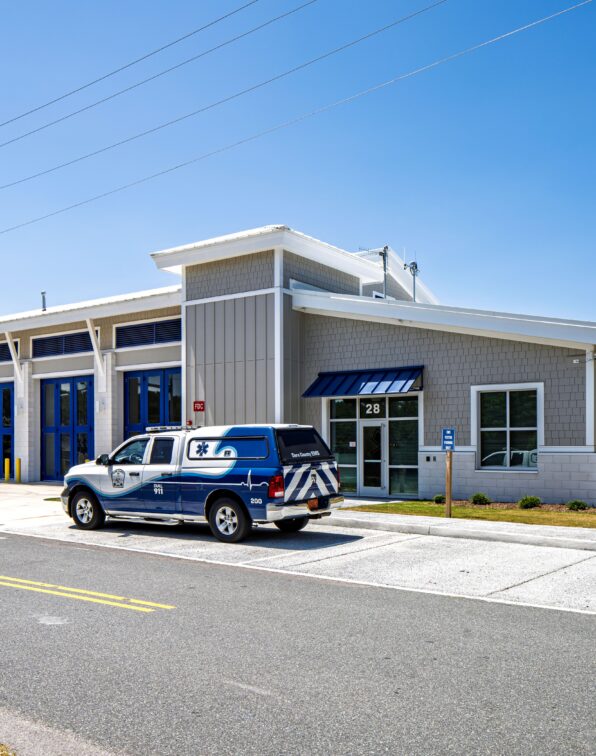 Front exterior of EMS #4 Southern Shores emergency medical services station constructed by Barnhill Building Group for Dare County, North Carolina.
