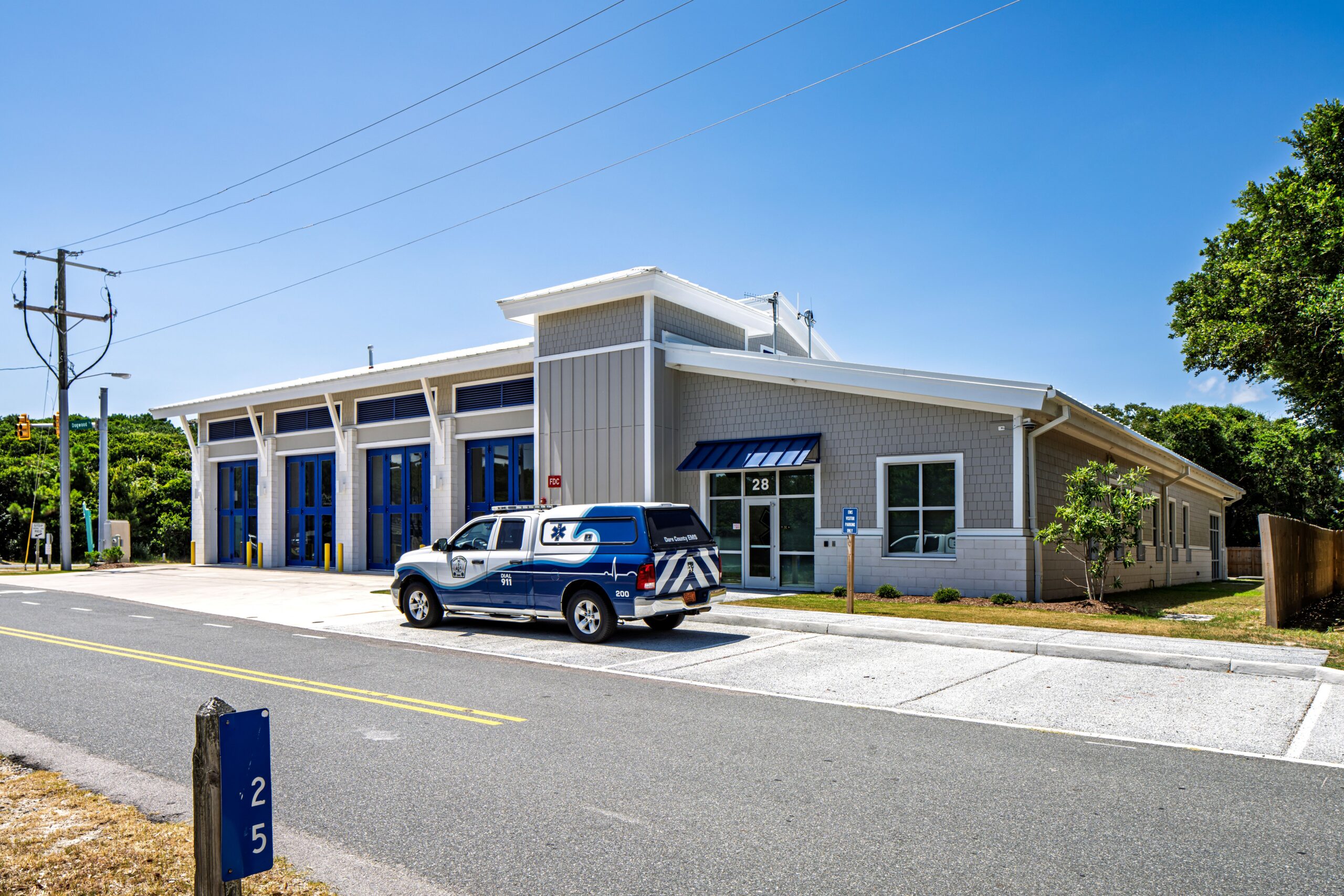 Front exterior of EMS #4 Southern Shores emergency medical services station constructed by Barnhill Building Group for Dare County, North Carolina.
