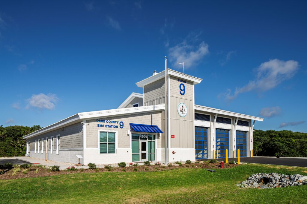 Front exterior of EMS #9 Kitty Hawk constructed by Barnhill Building Group for Dare County.