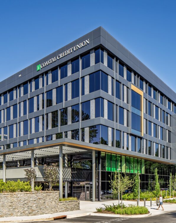Exterior of Coastal Credit Union's renovated 150,000-SF headquarters in Raleigh, NC.