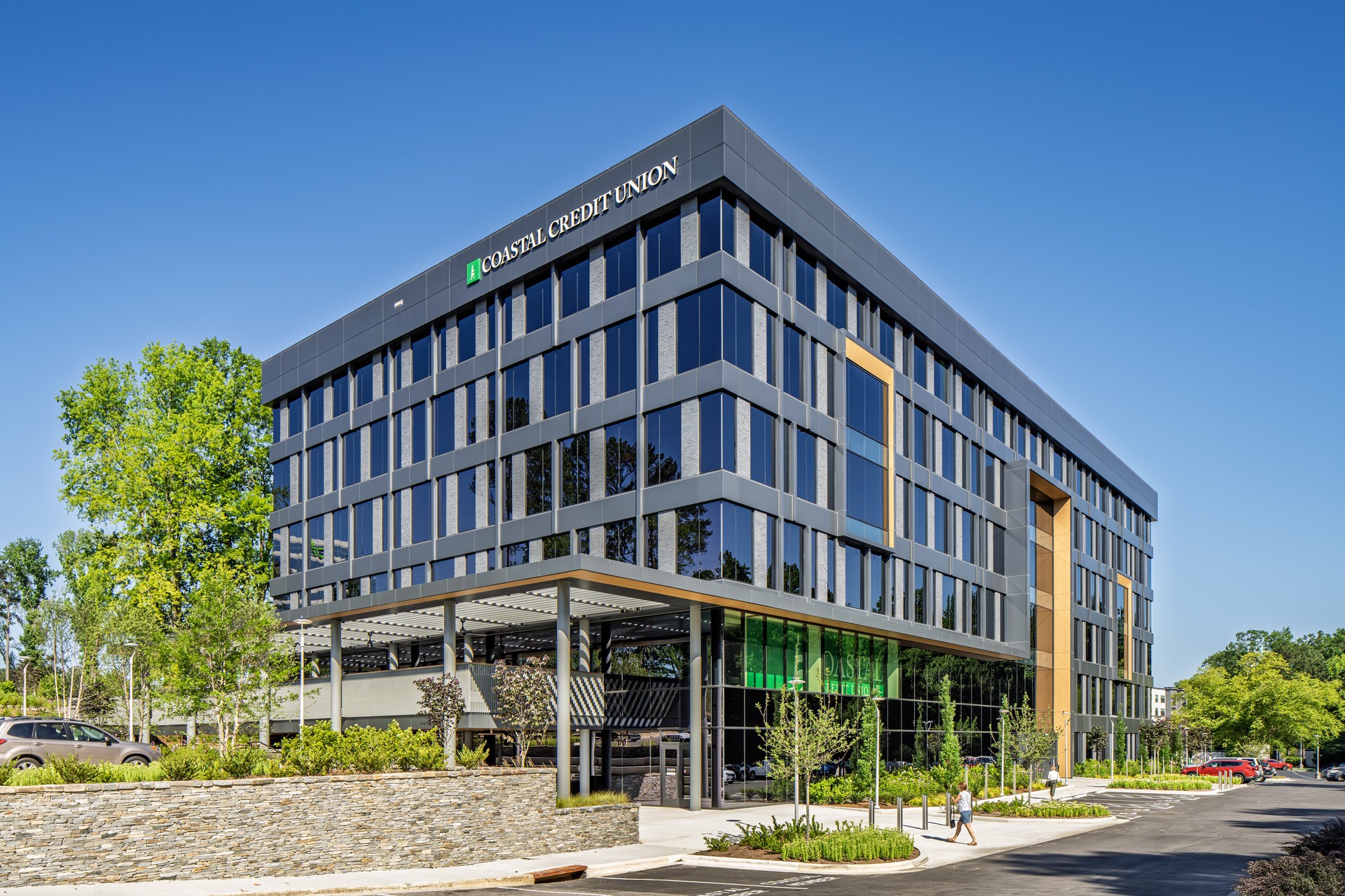 Exterior of Coastal Credit Union's renovated 150,000-SF headquarters in Raleigh, NC.