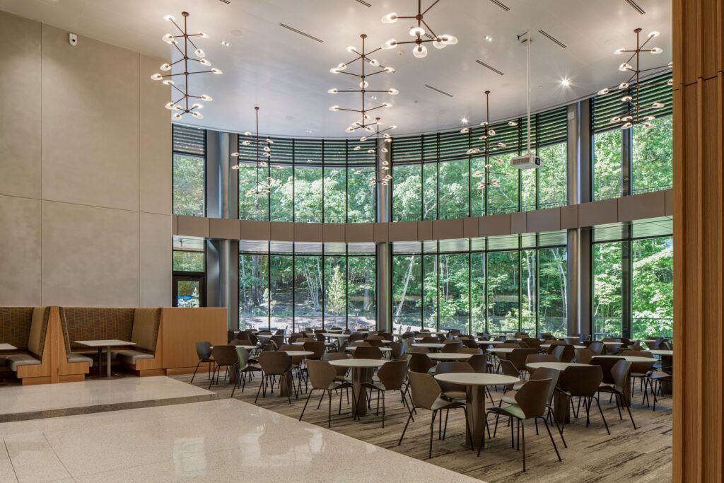 Collaborative student gathering space at UNC Kenan-Flagler Business School in Chapel Hill, NC