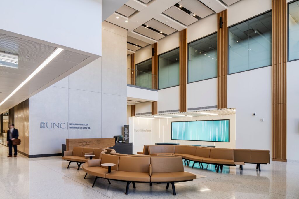 Interior academic corridor at UNC Kenan-Flagler Business School in Chapel Hill, NC
